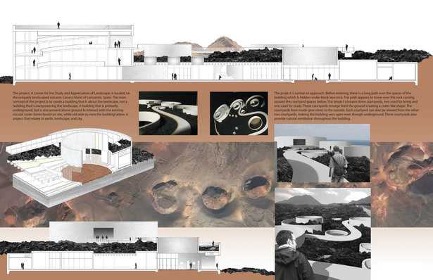 The project is surreal on approach. Before entering, there is a long path over the spaces of the building which is hidden under black lava rock. The path appears to hover over the rock curving around the courtyard spaces below. The project contains three courtyards, two used for living and one used for study. These courtyards emerge from the ground creating a crater like shape. The courtyards from inside give views to the outside. Each courtyard can also be viewed from the other two...
