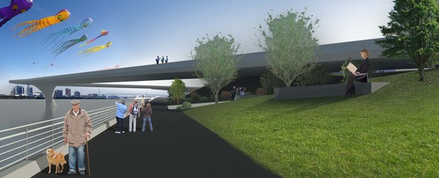 We took the opportunity to extend the existing path of Woodward Avenue into the river. Woodward is perpendicular to the river and can be considered the primary arterial corridor of the city. The topography created opportunities for an intertwining of the various pathways, and a scenic overlook. 
