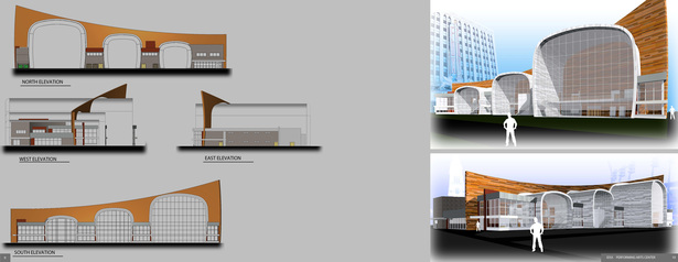 Performing Arts Center which focused on revitalizing poorly used space (surface parking) in downtown Detroit. The site design is based on a continuation of existing paths. Major programmatic elements are organized based on the flow of these paths, and represented as modules sized to display their independent functions.