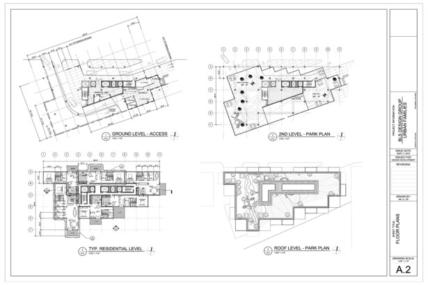 Floorplans of Ground, Park, Unit, and Roof Levels