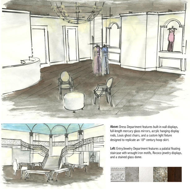 Interior perspective of the dress department and entry; material selections