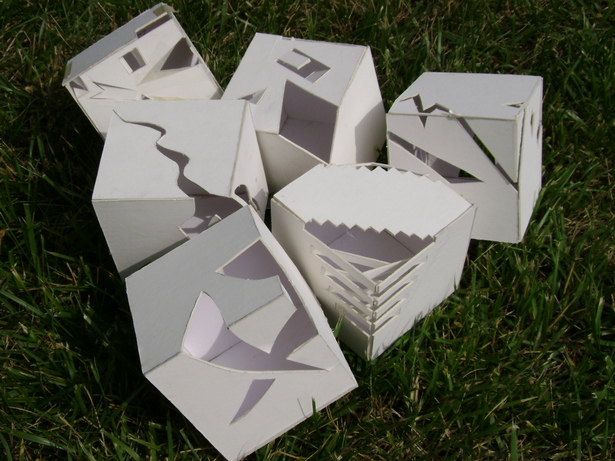 All six cube designs showing the process throughout the semester towards ones that embodied a space for a poet, painter, and musician.
