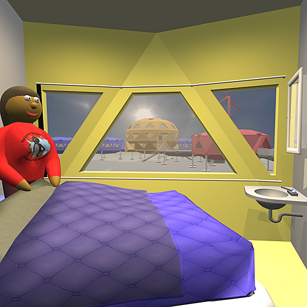 Hotel rooms are basic but comfortable. Each room has a queen sized bed, a television, and a sink as well as black out shades. Showers and toilets are shared.