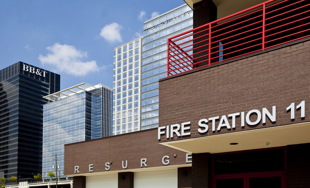Detail of entry awning with Atlantic Station in background