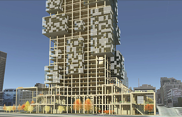 Exterior rendering showing the transparency vs. opacity of the smart glass wall system