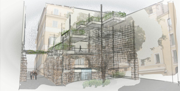 Courtyard View of Project - Mixture of Hand Drawn, Sketch-UP and Photoshop collage techniques
