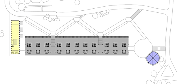 Plan: yellow - Memorial Service Space, grey - Mausoleum, blue - chapel