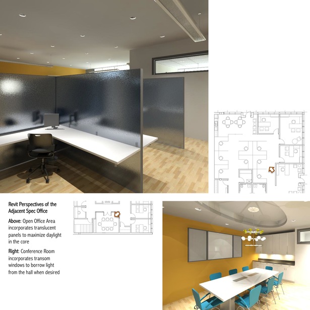 Interior perspectives of the adjacent speculative office, rendered in Revit