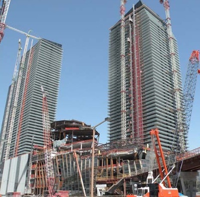 podium and tower at 55% development