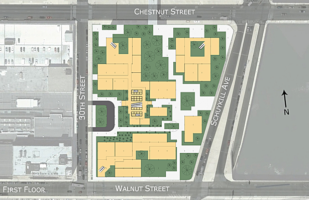 1st floor plan showing the multiple elevator cores and retail spaces