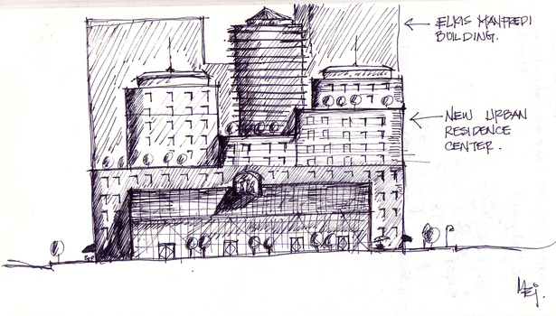 A sketch of my proposed commercial center in the middle of Fenway .