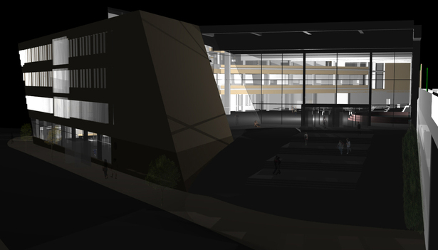 North (plaza) entry, night