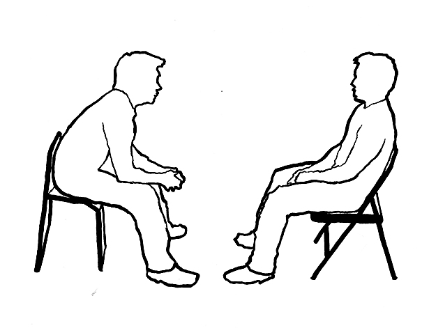 The chairs force the participants forward, encouraging an engaged conversation
