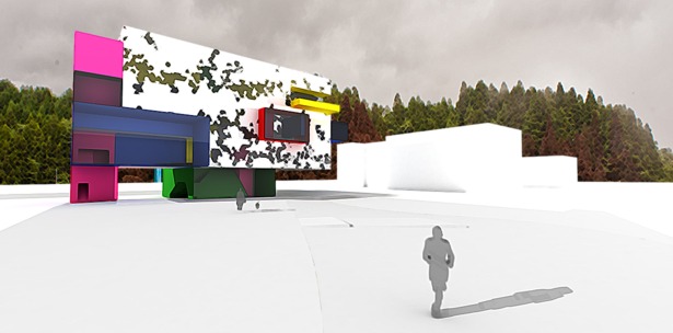 An exterior view of the community center standing with the only other structures that remain standing in Rikuzentakata.