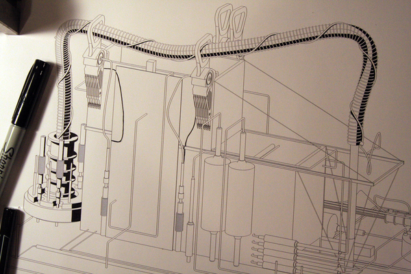 2D digital illustration drawing mix with hand ink drawing.