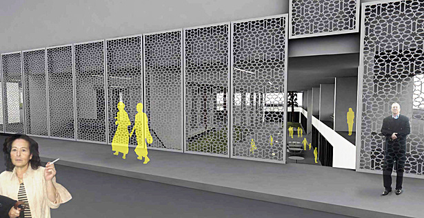 Main, south side entry to sunken plaza; screens deployed