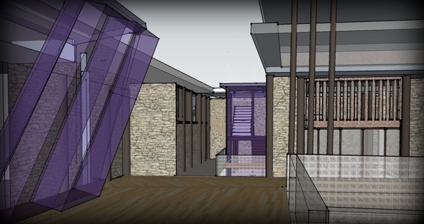 first floor terrace(slanted purple glass windows of the gym)