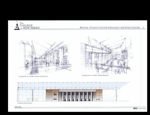 Interior of the Lobby from the Entrance and from the Bridge, Section/ Interior Elevation of the Lobby