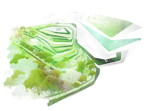 Aerial Visualization 2. 3D Rhino Model by Zaha Hadid Architects. Photoshop textures/atmosphere by me