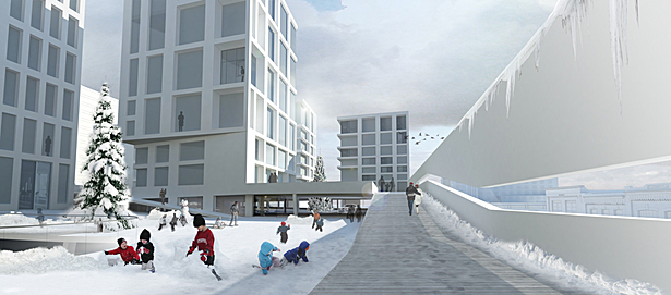 Winterfun on the urban activity deck. The connection to the parking garage is clearly visible as well as the view on Broadway