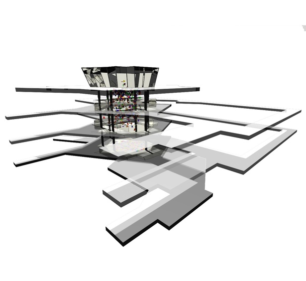 Showing public circulation on each floor and skylight above.