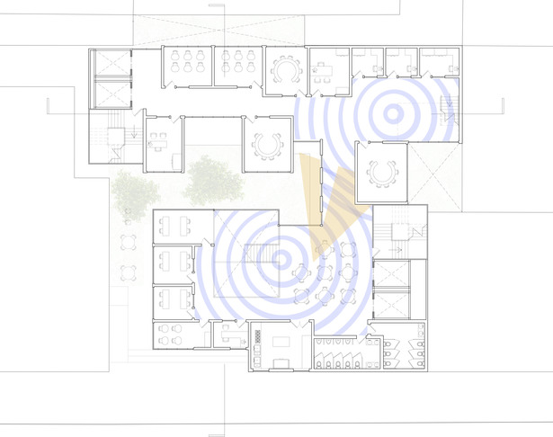 second floor: blue radiating points depict sensory well moments