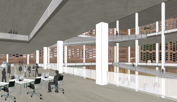 Interior View of ground floor retail and exhibit spaces and second floor design studio connected by ramp