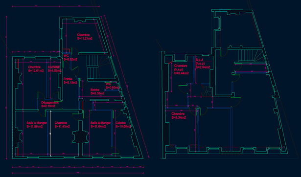 Plans sous Autocad à partir du relevé existant en vue d'un projet d'extension.