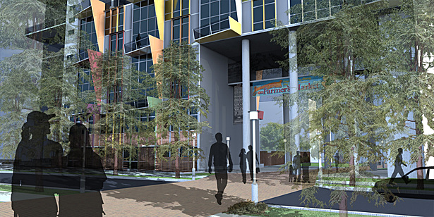View of market walk passing through residential tower