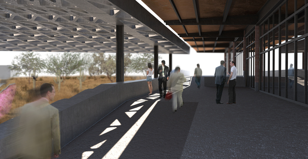 Exterior walkway towards the workshops