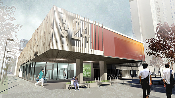 entry with cantilever and solar glass facade