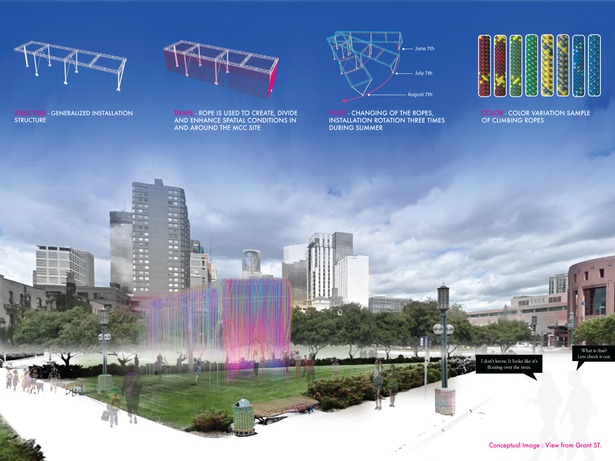 In this second image, the viewer is introduced to the installation as a gateway to the city, as a spectacle so unusual it will draw the curious passerby into the park.
