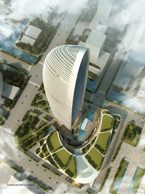 View of tower from above with retail podium shown below.