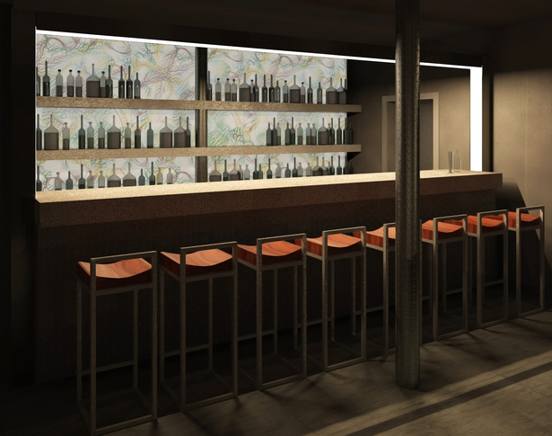 View of the central dinner area, with the bar at the end.