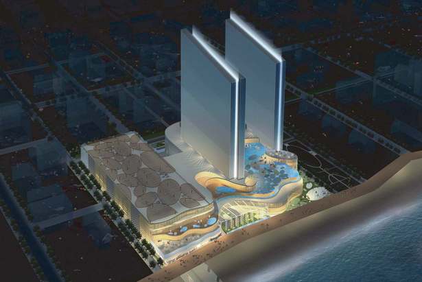 Revel Entertainment with two towers. Currently one tower is built SW view..