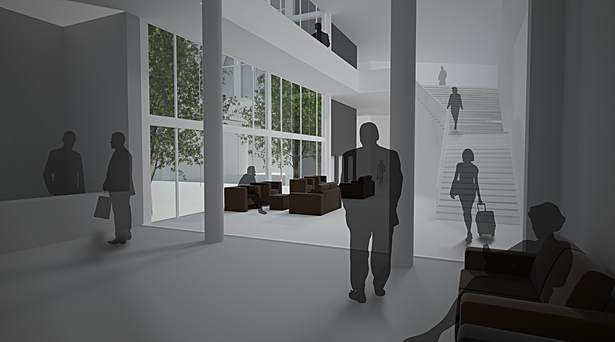 Hotel lobby with view to plaza and overhead connection to arcade.