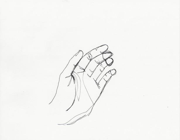 Contour line drawing of hand, pen on paper, 8.5