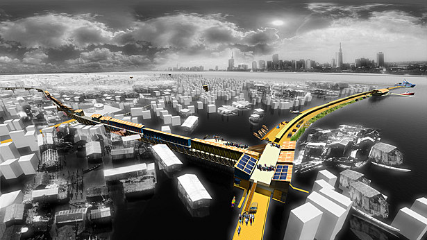 Aerial view showing the proposed Market Street with a ferry terminal in the foreground and Commercial Corridor.