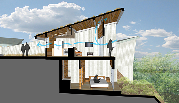unit section showing cross ventilation and walls extending beyond building to form retaining walls for courtyard