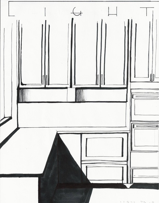 Sketch detailing the uses and effects of light in an interior space, pen on paper, 8.5