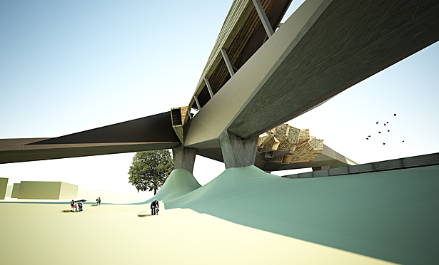 The new infrastructure reconnects the pedestrian and site while becoming a new marker for Pacoima.
