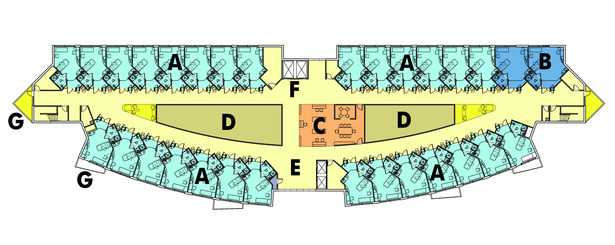 note all private same-handed room use and introduction of natural light to nurse station.
