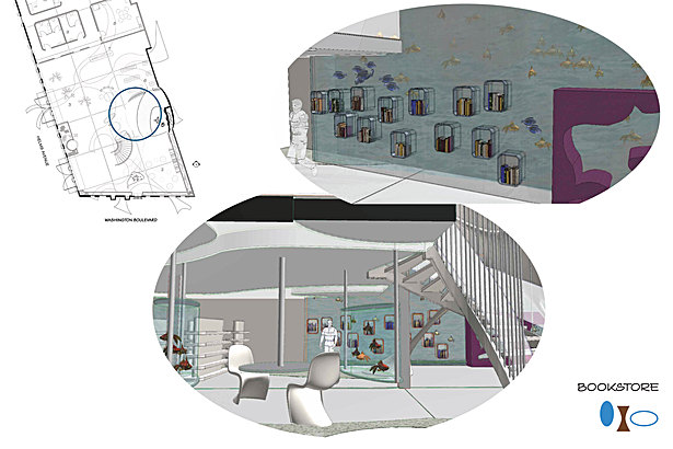 Rendering of Aquarium Bookstore with Bookshelves Countersunk into Aquarium Walls