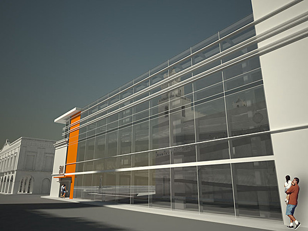 Rendering showing all aspects of site - Mexican Government Building adjacent to site, Reflection of Spanish Cathedral and Interior Mayan Exhibits