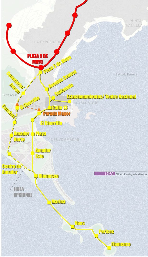 Proposed additions to the existing subway, above-ground metro, and bus lines for the new Amador.