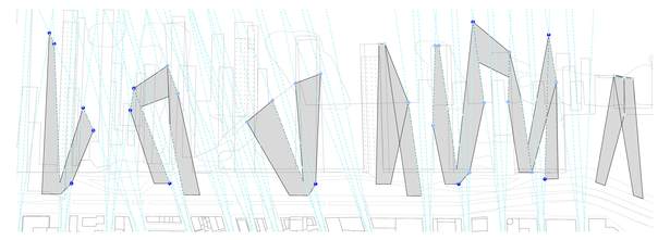 The view corridor lines from within the city, as well as the layering of historic pier outlines, serve as informants to derive the geometry of the upperscape buildings. By extrapolating points of intersection among these sets of lines, the buildings are tectonically connected to each other and to the urban fabric.