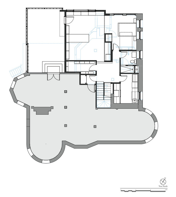Basement Level Plan: Added construction in black, removed construction in blue, and remaining existing construc- tion in gray.