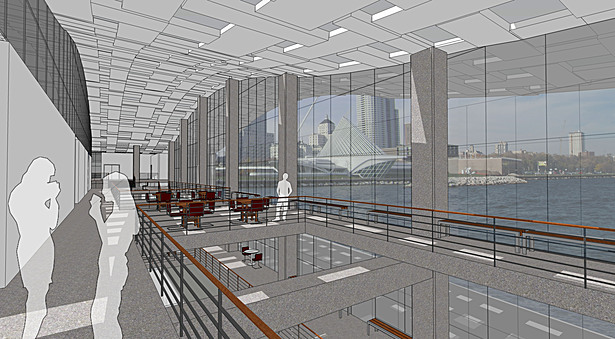 The woven texture of the roof helps to create interest and a focal point through out the building as well creates an interesting lighting affect. The wave form would be pre-cast in sections, and is a metaphor for water and the ideas of the school. 