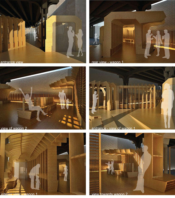 Views _ Derived from the section of a freight train, this new “wooden wagon”, a remnant structure from the past, reacts to the travel of sunlight through the site. To allow for the light to dictate the organization of the space under The Highline, the wooden section: - Opens, letting visitors in to enjoy the sun light (12.30pm to 2.30 pm in winter times), - Closes (to allow more intimate areas and the use of artificial light, if exhibitions require so) - Becomes continuous and...