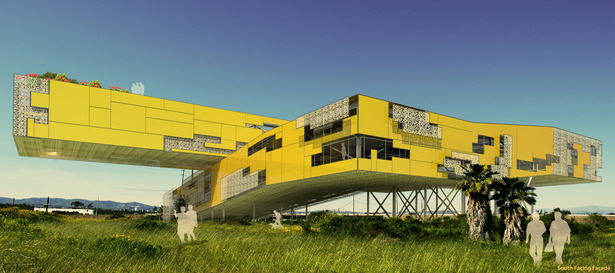 Exterior rendering showing the paneling system. 